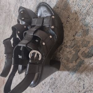 Born Black Wedge Shoes with Leather Straps. Real Leather.